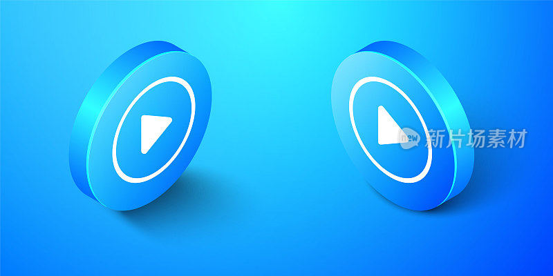 Isometric Play icon isolated on blue background. Blue circle button. Vector